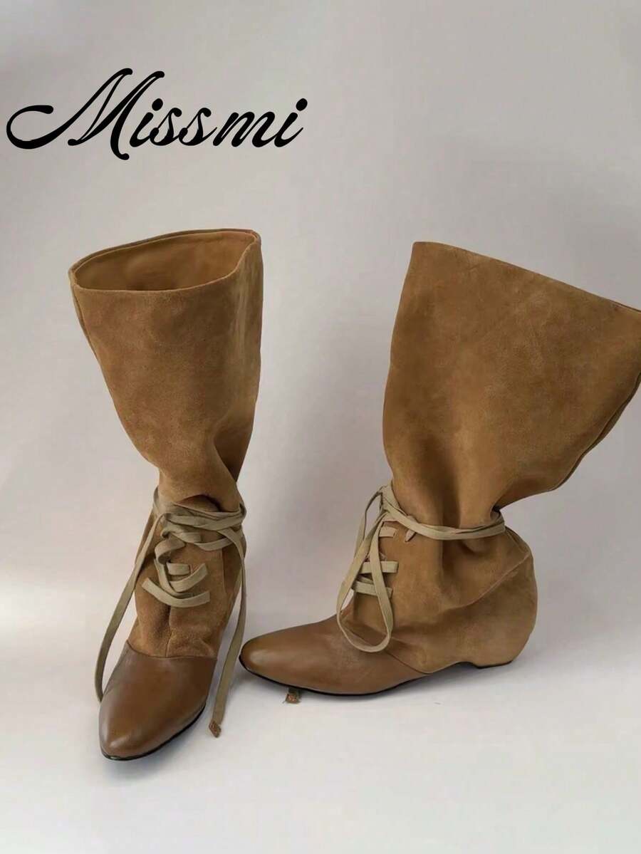Autumn New Women's Black Low Chunky Heel High-Top Pointed Toe Leather Boots - Brown - View 1