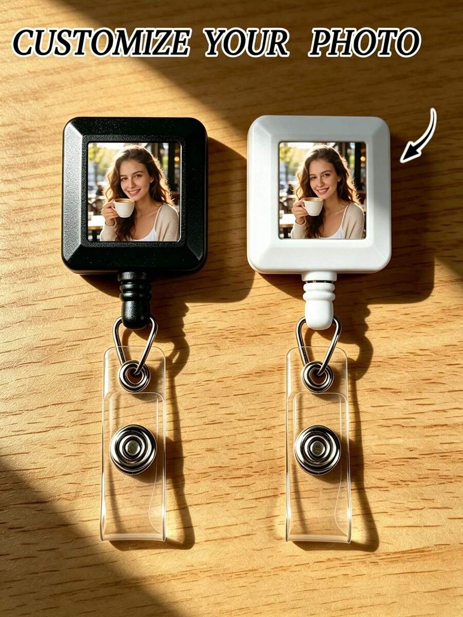 2D Personalized Photo Retractable Badge Holder (Black/White), Square Retractable Badge Clip/Card Holder Accessory, Suitable As A Gift For Nurses, Teachers And Office Staff - Multicolor - View 1