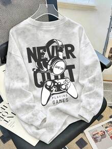 1pc Boys Round Neck Sweatshirt, Printed With Headphones And Game Controller Pattern, Cool Retro Style Design, Comfortable Autumn/Winter New Top - White - View 3