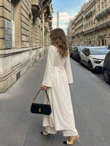 Women's Apricot Non-Stretch 2 Pieces Set: Stand Collar Frog Button Long Coat And Pants, Suitable For Casual Daily Wear - Apricot - View 2
