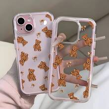 1件裝焦糖熊蝴蝶結彩色邊框 2合1 TPU手機殼，適用於 Apple 18 17 16 15 14 13 12 11 Plus Pro Max 系列，個性化 Ins 風格 - 無色 - 查看 1