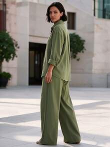 Plus Size Women's Casual Loose 2pcs Set, Long Sleeve Shirt With Drawstring Pleated Pants, Autumn/Winter Commute Daily Casual Outfit - Olive Green - View 6