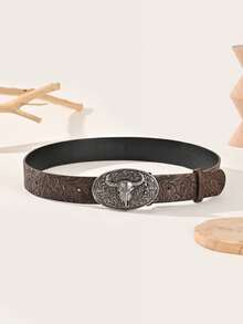1pc Women's Vintage Metal Buckle Printed Belt, Western Cowboy Style, Pants Accessory, Suitable For Autumn, Winter, Western Theme, Party, Gathering, Christmas - Black - View 12