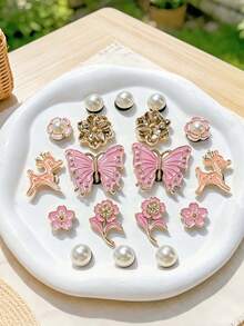 18pcs Gold Pink Shoe Charms (Butterfly, Flower, Deer) Suitable For Shoes With Holes DIY Decoration, Perfect Gift Choice - Gold Pink - View 4