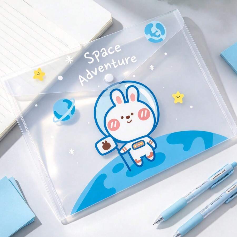 5pcs A4 Zippered Thickened Transparent Plastic Snap Button File Bags Cartoon Folder Office Document Bags - Multicolor - View 1