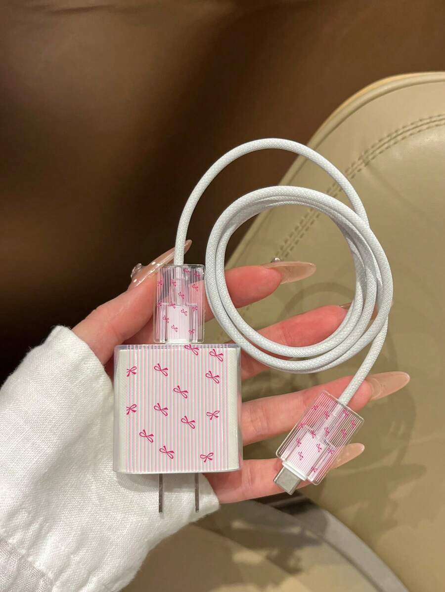 3件組美標充電頭線材保護套 防斷裂套筒 時尚裝飾充電配件 塗色粉色條紋蝴蝶結圖案 適用於18W/20W Apple充電器電源適配器 保護套 透明防碎蓋 保護手機與充電器 線材保護套（僅含保護套，充電器與數據線僅供展示） - 彩色 - 查看 1