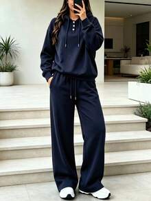 秋季時尚女款新款休閒百搭純色學院風連帽長袖上衣搭配高腰寬鬆直筒長褲2件套，衛衣與對比色長褲套裝，度假穿搭，旅行穿搭，極簡運動穿搭，秋季穿搭，秋季特惠 - 藏青色 - 查看 4