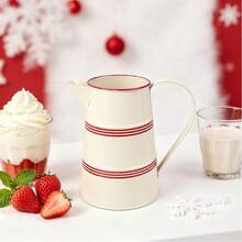 1pc Bohemian Farmhouse Enamel Metal Pitcher Vase, Cream White Jug With Red/Blue Stripes, Vintage Decorative Water Can, Tabletop Flower Vase For Kitchen, Living Room, Dining Table, Indoor Home Decor, Rustic Country Home Accent Decor - Little Red - View 2