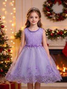 Tween Girl Sequin Multi-Layer Tulle Party Dress, High Low Hem Princess Dress For Wedding/Graduation Ceremony, 4 Seasons - Purple - View 1