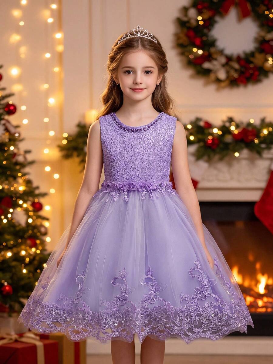 Tween Girl Sequin Multi-Layer Tulle Party Dress, High Low Hem Princess Dress For Wedding/Graduation Ceremony, 4 Seasons - Purple - View 1