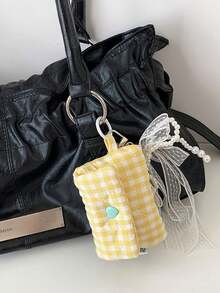 Cute Gingham Quilted Mini Pouch, Heart Snap Button Small Coin Purse With Keyring, Portable Earbud Sanitary Napkin Storage Bag - Multicolor - View 9