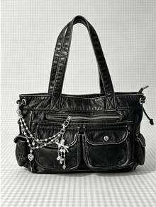 1pc Sweet Cool INS Style Faux Pearl Beaded Bag Chain, Creative Heart Bow Tassel Bag Charm Pendant - Silver - View 2