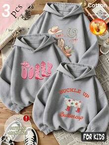 Autumn/Winter 3 Pieces Set Girls Fleece Hoodie With Denim Boots, Decorated With Horseshoe, Bow, Flower, Cow Print Y2K Style - Heather Gray+Heather Gray+Heather Gray - View 1