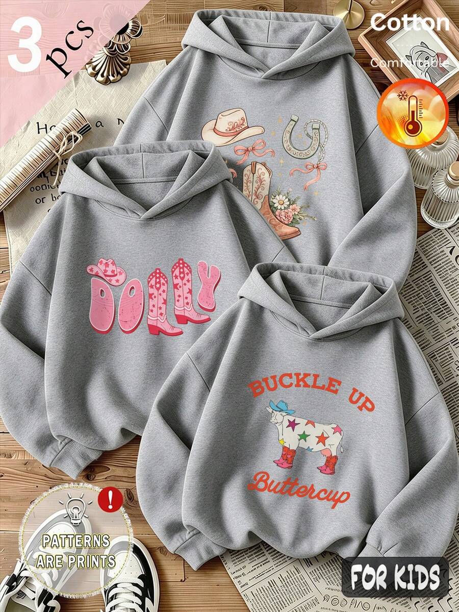 Autumn/Winter 3 Pieces Set Girls Fleece Hoodie With Denim Boots, Decorated With Horseshoe, Bow, Flower, Cow Print Y2K Style - Heather Gray+Heather Gray+Heather Gray - View 1