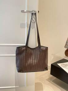 Cross-Border Korean Style Large Capacity Women's 2026 New Fashion Woven Texture Shoulder Underarm Bag Commuter Tote Bag - Coffee Brown - View 4