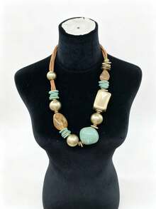 Women Bohemian Chunky Beaded Statement Necklace, Mixed Stone & Matte Gold Beads Design, Fashion Accessory For Party Banquet, Gift For Friends & Family - Multicolor - View 6