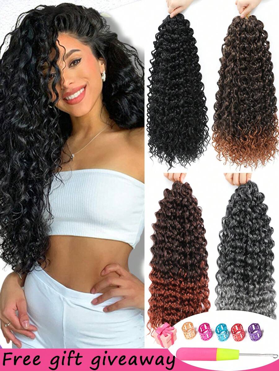 Bohemian Curly Crochet Hair 18/24 Inch 3 Packs, Water Wave Synthetic Crochet Braids Hair Extensions, Free Crochet Needle & Hair Rings, Halloween Party Hairstyle - Multicolor - View 1
