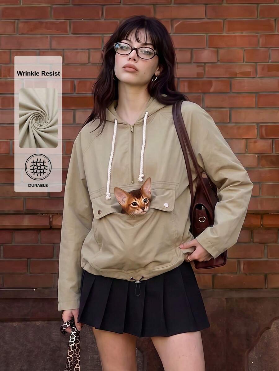 Jaket Wanita Kasual dengan Resleting Setengah dan Tali Serut, Ukuran Besar, dan Tudung, Sangat Penting untuk Pemilik Hewan Peliharaan, Pakaian Sehari-hari Musim Gugur/Dingin - Khaki - View 1