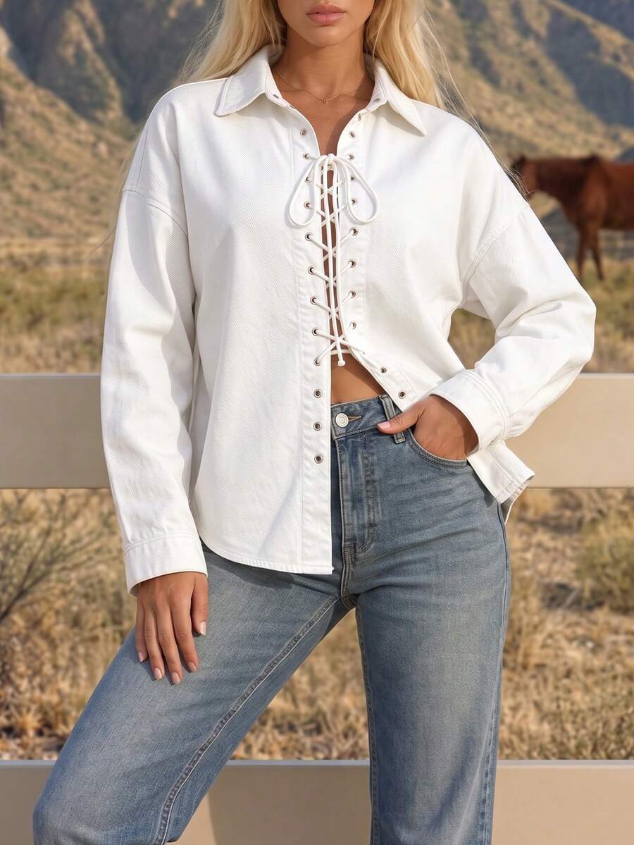 Women's White Denim Shacket, Drawstring Tie Collar, Long Sleeve Regular Fit, Non-Stretch, Creating A Fashionable Vintage Look - White - View 1
