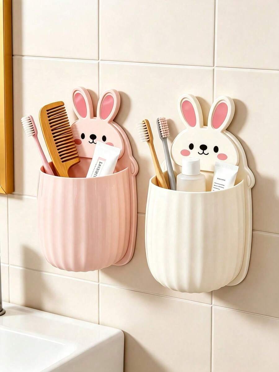 1pc Cute Rabbit Wall-Mounted Toothbrush And Toothpaste Holder,Space-Saving Bathroom Storage Rack,Multiple Colors,Bathroom Sink Organizer,Hairbrush And Makeup Brush Holder,Wall Storage Box,Home Vanity Organization,No-Drill Storage