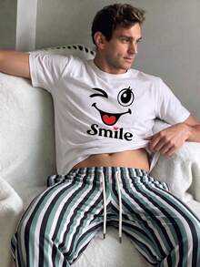 Men's Summer Crew Neck Casual T-Shirt And Casual Long Pants Loungewear Set - White - View 2