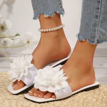 Summer Women's Vacation Party Casual 3D Open Toe Beach Fabric Large Flower Square Toe Flat Slide Sandals, Bohemian Seaside Holiday Travel Photography Slouchy Fairy Slip-On Slippers - White - View 1