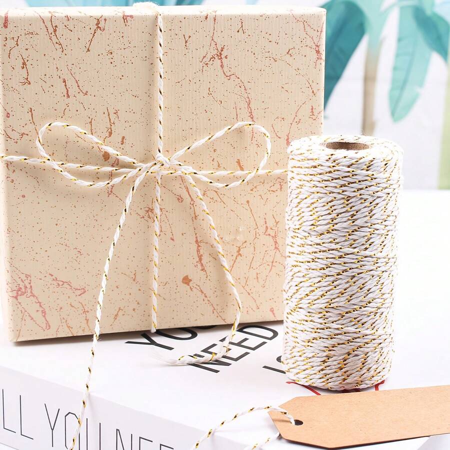 1 Roll 2519 Inch Long 2mm Thick White Gold Handmade Baking Packaging Rope, Christmas Holiday Gift Wrapping Rope, DIY Handmade Floral Wedding Party Decoration Rope, Christmas Gift Box Bouquet Packaging Handmade Craft Decoration Line - View 1