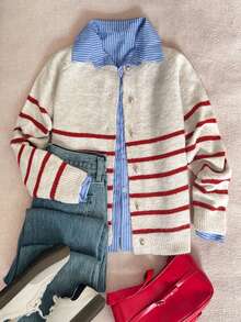 Third Introversion-Women's Knitted Striped Contrast Color Long Sleeve Cardigan Sweater, Medium Stretch Regular Fit Round Neck Knit Top, Suitable For Autumn/Winter Wear - Multicolor - View 5
