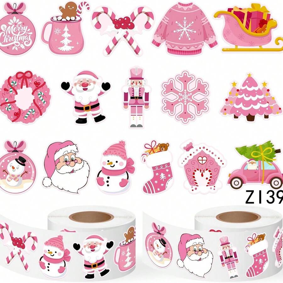 500pcs/Roll Christmas Holiday Decorative Sticker Set, Cute Pink Santa Claus, Snowman, Wreath Gift Packaging Stickers - Pink - View 1