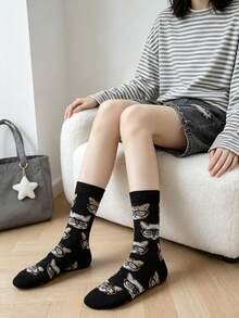 1 Pair Black Bottom Cat Glasses All-Over Print Women's Mid-Calf Socks, Vintage Fun Cartoon Animal Pattern Versatile Casual Mid-Calf Socks - Multicolor - View 4