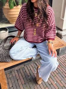 Women's Striped Knit Sweater, 3/4 Sleeve, Medium Stretch, Regular Fit Pullover, Autumn/Winter Outfit - Red - View 1