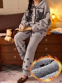 Gongdie Universal 2pcs/Set Women's Grey Fair Isle Plaid Fleece Thickened Hooded Loungewear Pajama Set, Winter Warm - Grey - View 9