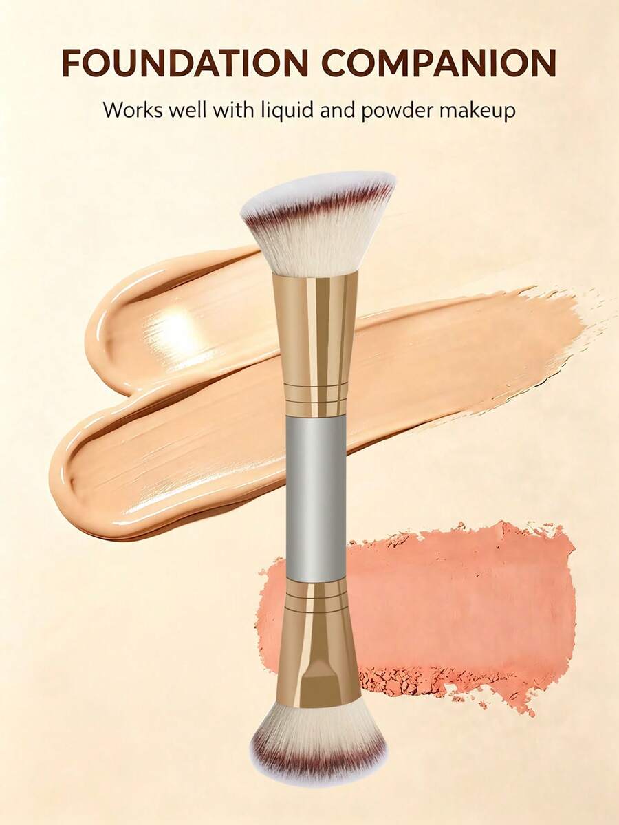 1pc Dual-Ended Foundation Brush, Multi-Function Dual-Ended Brush For Liquid Foundation, Blush Liquid, Kabuki Foundation Brush, Powder Brush, Blush Brush, Multi-Function Makeup Brush, Beauty Tool For Women - Rose Gold - View 1