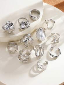 12pcs Exaggerated Old Money Style Asymmetrical Geometric Faux Pearl Rings Set, Women's Daily Wear, Date, Party, Versatile Accessories, Perfect Gift For Birthday, Female Friends - Silver - View 5