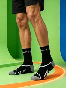 1/5/10/20 Pairs Black & White Letter Pattern, All-Season Neutral Color Men's Sports Casual Mid-Calf Socks - Multicolor - View 6