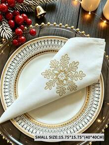 1 st 100 % polyester linneservett med broderad julsnöflinga, vit middagsservett för julhelgsparty och bordsdekoration - Guld - Visa 5