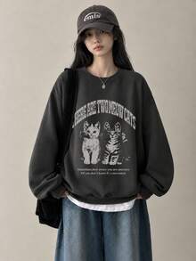 Women's Fashion Autumn/Winter Loose Casual Versatile Letter Cartoon Cat Print Pattern Crew Neck Sweatshirt - Dark Grey - View 3