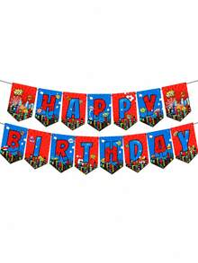 1 Set Happy Birthday Paper Triangle Bunting Banner, City Architecture Grid Pattern Flag Garland, Red & Blue Cartoon Theme Hanging Decoration, Suitable For Birthday Party, Theme Party, Indoor/Outdoor Wall Decor And Photo Backdrop Props - View 6