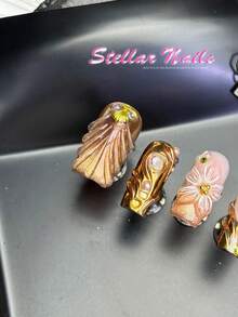 10pcs Handmade Full Coverage Medium Square Press-On Nails, Ginger Color Fake Nails, Silver Cat Eye Design, Hand-Carved, Removable Fingertip Stickers, Includes Jelly Glue And Nail File, Suitable For Dates, Weddings, Girls' Night, Y2K Style Manicure - Ginger - View 7