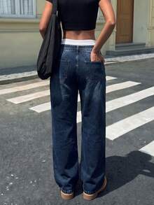 Women's Casual Denim Wide Leg Pants, With Button Pockets And Zipper Details, Non-Stretch Fabric, Suitable For Daily Wear - Navy Blue - View 6