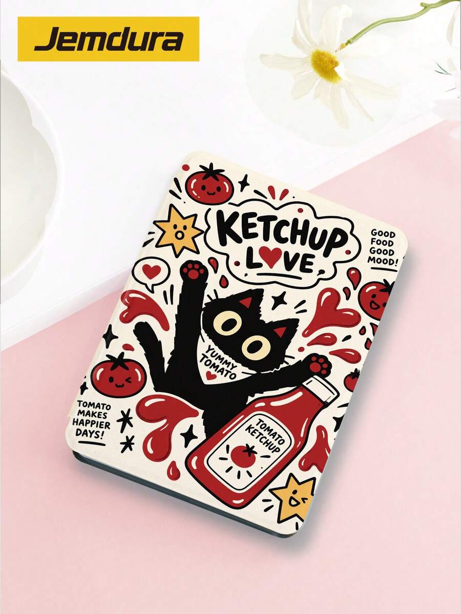Jemdura 1件精緻平板保護殼，可愛黑貓與番茄圖案印花，適用 Kindle NK 11/Ko-Bo/Kindle Youth Edition/Kindle Paperwhite 5，Kindle 2024 保護殼/平板三折支架保護殼，具備自動喚醒/睡眠功能，輕巧便攜，完美貼合保護您的閱讀設備，適合送給孩子/家人的禮物 - 彩色 - 查看 1