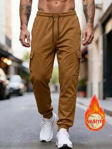 Men's Thermal Lined Thickened Sports Long Pants, Multi-Pocket Cargo Cuffed Casual Fleece Pants, Cold-Resistant Winter Men's Clothing, Outdoor Commute Men's Pants - Brown - View 2