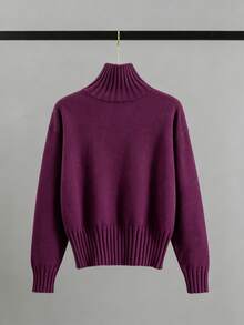 BYGOUBY Women's Autumn/Winter Solid Burgundy High Neck Drop Shoulder Sweater, Soft Comfortable Long Sleeve Casual Pullover - Purple - View 8