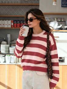Aflion Women Summer Fall Red Pink Striped Knit Sweater, Round Neck Drop Shoulder Long Sleeve Cropped Pullover - Multicolor - View 7