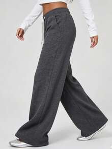 KyrLssu Celana Jogging Wanita Model Lebar, Celana Panjang Kasual dengan Pinggang Elastis dan Tali Serut, Dilengkapi Saku - Dark Grey - View 4