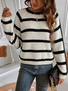 Women's Casual Striped Knit Crew Neck Long Sleeve Sweater, Versatile Fashion Knitwear For Spring & Autumn - Black and White - View 7