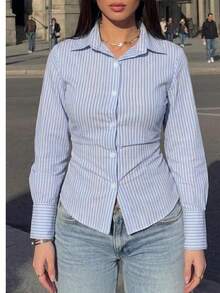 Striped Polyester Back Tie Shirt For Office, Daily Wear, Date, Airport, Travel, Home, Spring, Autumn, Winter - Sky Blue - View 2