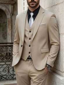 Men's Fashion Business Suit, High-Quality Formal Office Suit, Slim Fit Groom Wedding Attire, Men's Suit Jacket - Beige - View 1