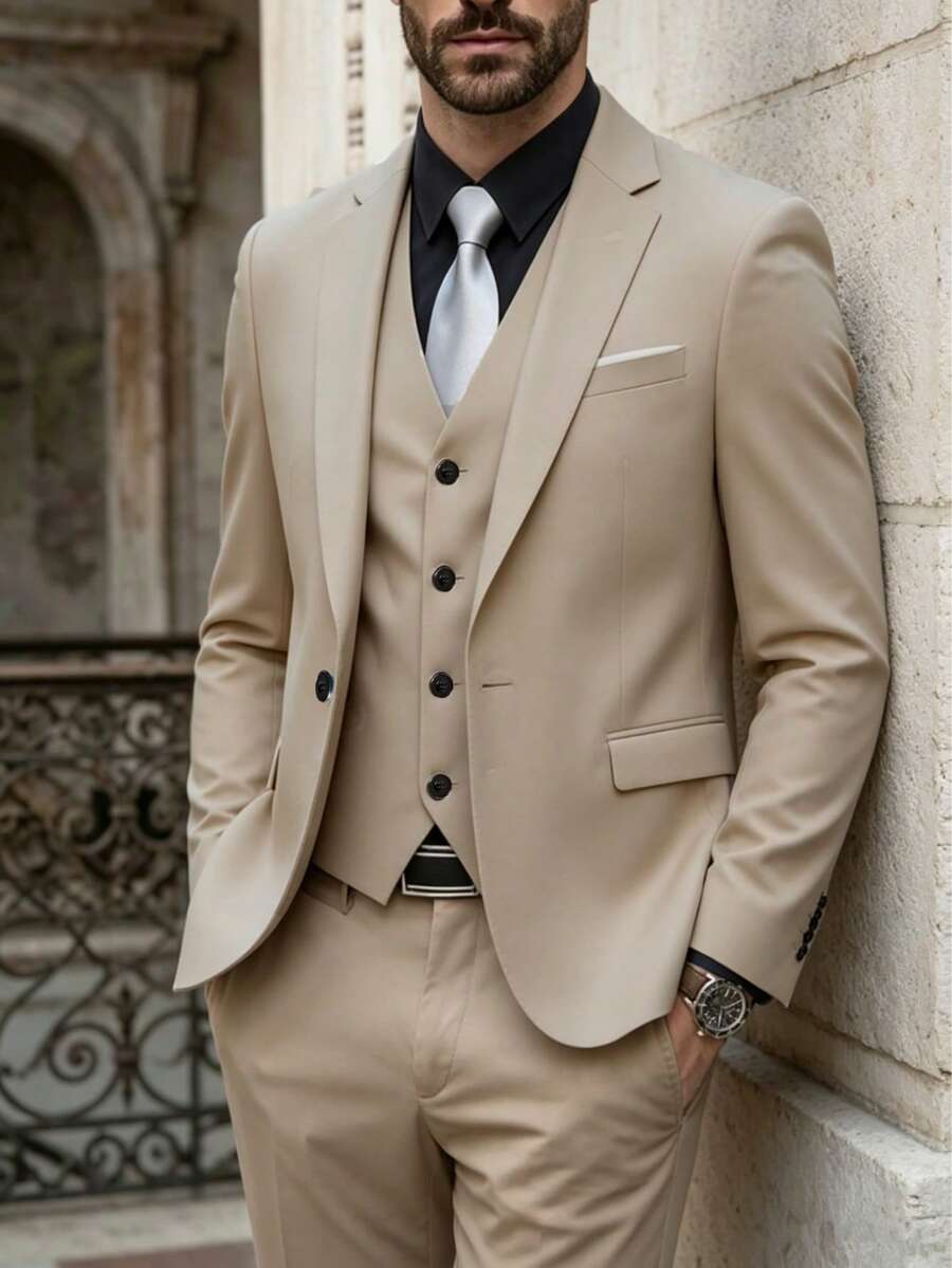 Men's Fashion Business Suit, High-Quality Formal Office Suit, Slim Fit Groom Wedding Attire, Men's Suit Jacket - Beige - View 1