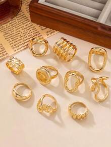 10pcs Multi-Layer Stackable Fashion Minimalist Elegant Exquisite Vintage Design Geometric Ribbon Round Hollow Design Beaded Asymmetrical Pleated Texture Cross Multi-Layer Smooth Minimalist Plain Band Exaggerated Wide Chunky Rings Set, Holiday Vacation Party Date Gift, Daily Commute Wear - Gold - View 3